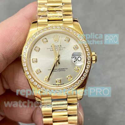 Swiss Copy Rolex Datejust 31mm Watch President Yellow Gold Diamond Bezel 